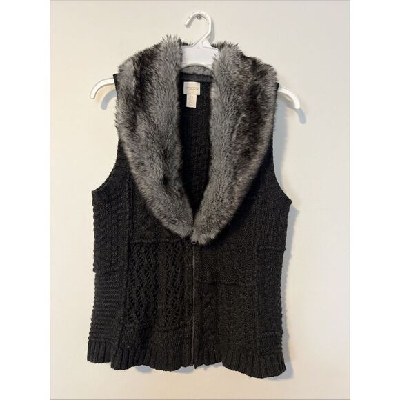 Chicos Faux Fur Half‎ Zipper Black Knit Vest, Chico's Size 0 - Picture 1 of 5